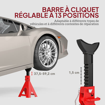 Set of 2 Car Jack Stands, 6 Ton Capacity Lift Stands, Adjustable Height from 375 to 592 mm, Large Base with Safety Pin, for Vehicle, Caravan, Workshop, Garage, Red