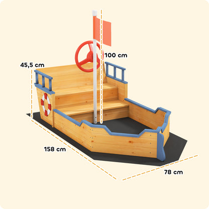 Pirate Ship Sandbox for Kids Outdoor Wooden Sandbox - with Helm Flag Red 2 Steps and Storage Space - Yellow Fir Wood and Non-Woven Fabric