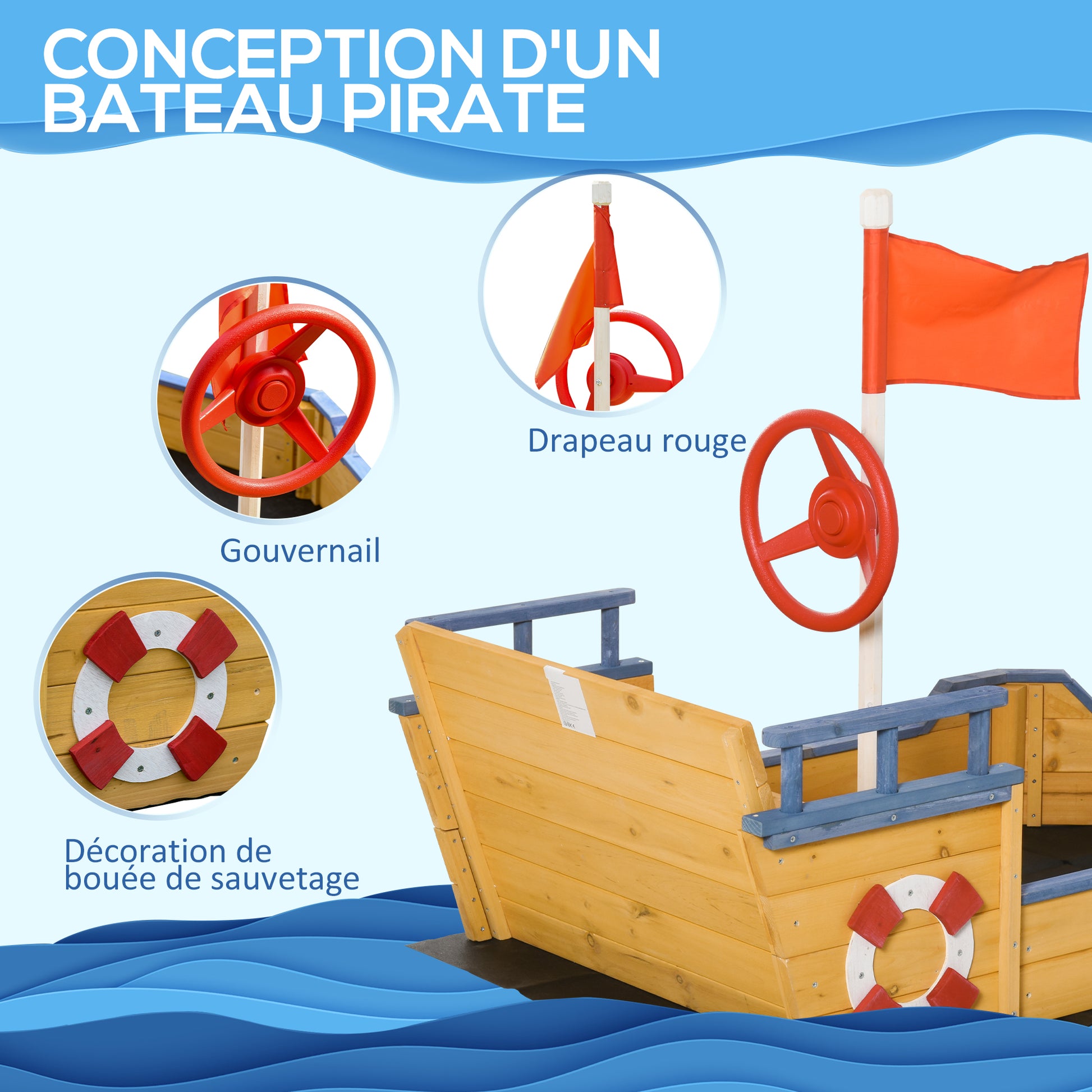 Pirate Ship Sandbox for Kids Outdoor Wooden Sandbox - with Helm Flag Red 2 Steps and Storage Space - Yellow Fir Wood and Non-Woven Fabric