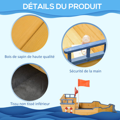 Pirate Ship Sandbox for Kids Outdoor Wooden Sandbox - with Helm Flag Red 2 Steps and Storage Space - Yellow Fir Wood and Non-Woven Fabric