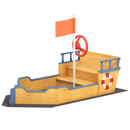 Pirate Ship Sandbox for Kids Outdoor Wooden Sandbox - with Helm Flag Red 2 Steps and Storage Space - Yellow Fir Wood and Non-Woven Fabric