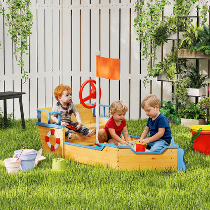 Pirate Ship Sandbox for Kids Outdoor Wooden Sandbox - with Helm Flag Red 2 Steps and Storage Space - Yellow Fir Wood and Non-Woven Fabric