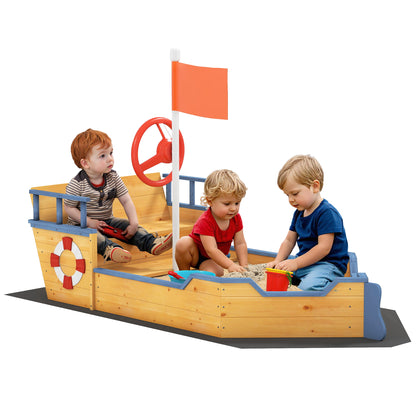 Pirate Ship Sandbox for Kids Outdoor Wooden Sandbox - with Helm Flag Red 2 Steps and Storage Space - Yellow Fir Wood and Non-Woven Fabric