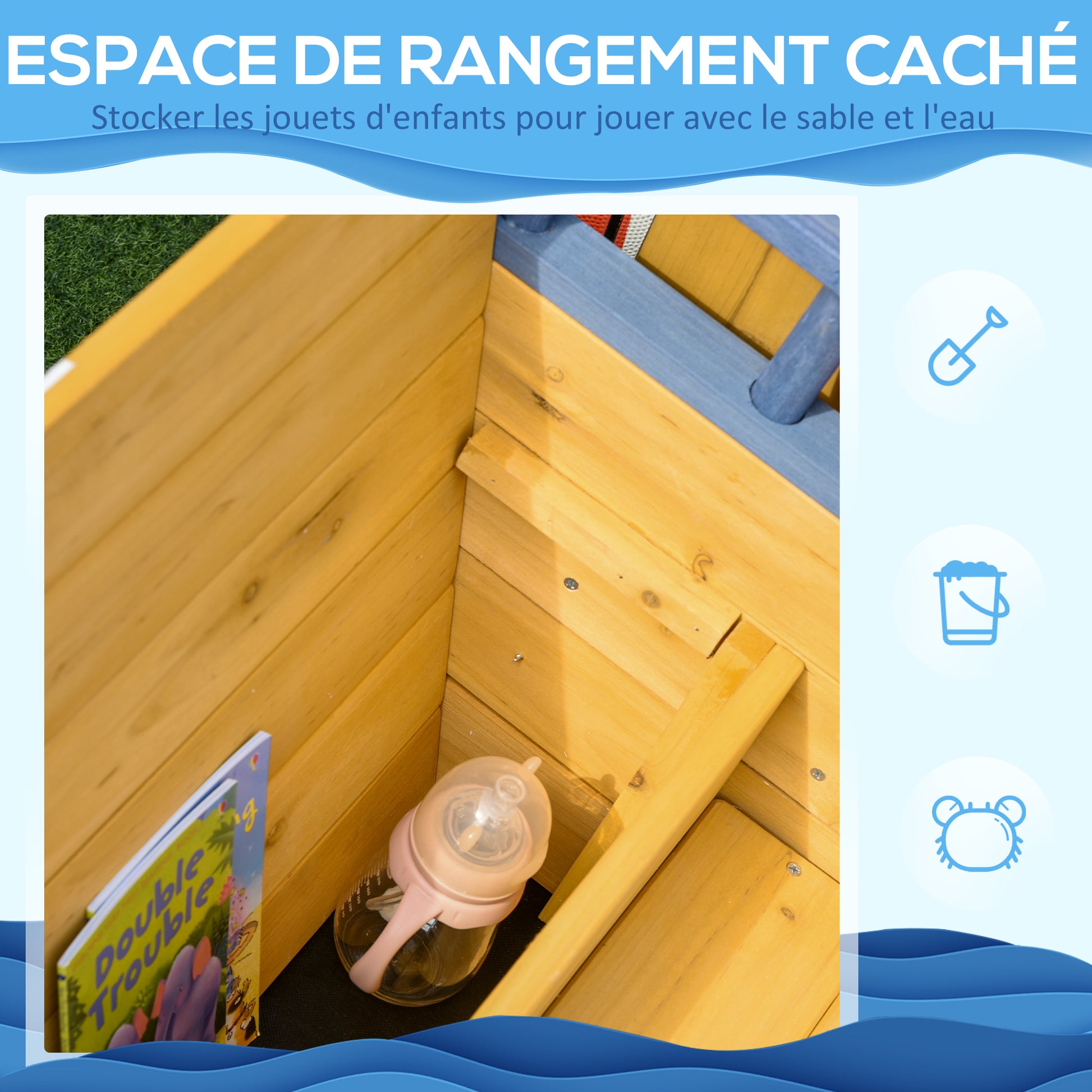 Pirate Ship Sandbox for Kids Outdoor Wooden Sandbox - with Helm Flag Red 2 Steps and Storage Space - Yellow Fir Wood and Non-Woven Fabric