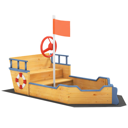 Pirate Ship Sandbox for Kids Outdoor Wooden Sandbox - with Helm Flag Red 2 Steps and Storage Space - Yellow Fir Wood and Non-Woven Fabric