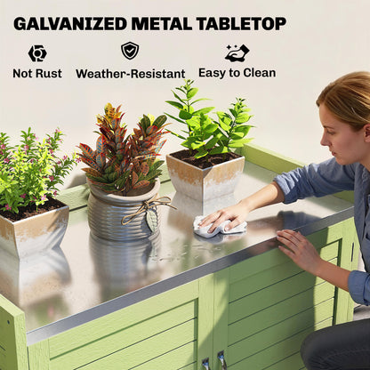 Pine Potting Bench with Cabinet and Galvanized Worktop, 3 Shelves, Double Doors — Weatherproof Garden Table for Patio, Balcony, Porch (Green) — 88 x 40 x 70.5 cm
