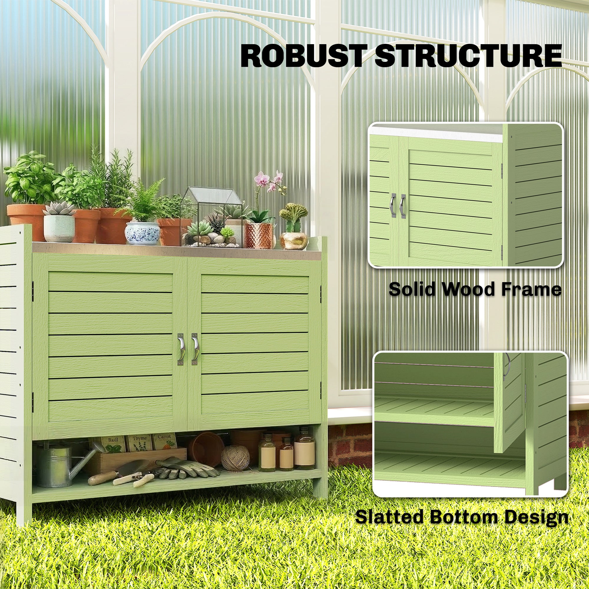 Pine Potting Bench with Cabinet and Galvanized Worktop, 3 Shelves, Double Doors — Weatherproof Garden Table for Patio, Balcony, Porch (Green) — 88 x 40 x 70.5 cm