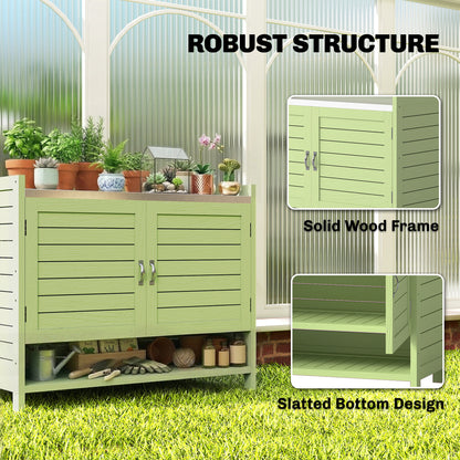 Pine Potting Bench with Cabinet and Galvanized Worktop, 3 Shelves, Double Doors — Weatherproof Garden Table for Patio, Balcony, Porch (Green) — 88 x 40 x 70.5 cm