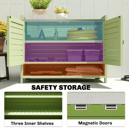 Pine Potting Bench with Cabinet and Galvanized Worktop, 3 Shelves, Double Doors — Weatherproof Garden Table for Patio, Balcony, Porch (Green) — 88 x 40 x 70.5 cm