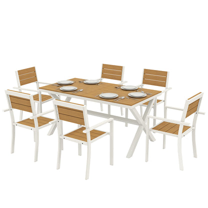 7-Piece Outdoor Dining Set — Rectangular Table with 6 Stackable Chairs, Teak-Effect Synthetic Wood Slats, Aluminum Frame, Space-Saving, Weather-Resistant