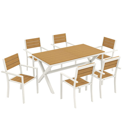 7-Piece Outdoor Dining Set — Rectangular Table with 6 Stackable Chairs, Teak-Effect Synthetic Wood Slats, Aluminum Frame, Space-Saving, Weather-Resistant