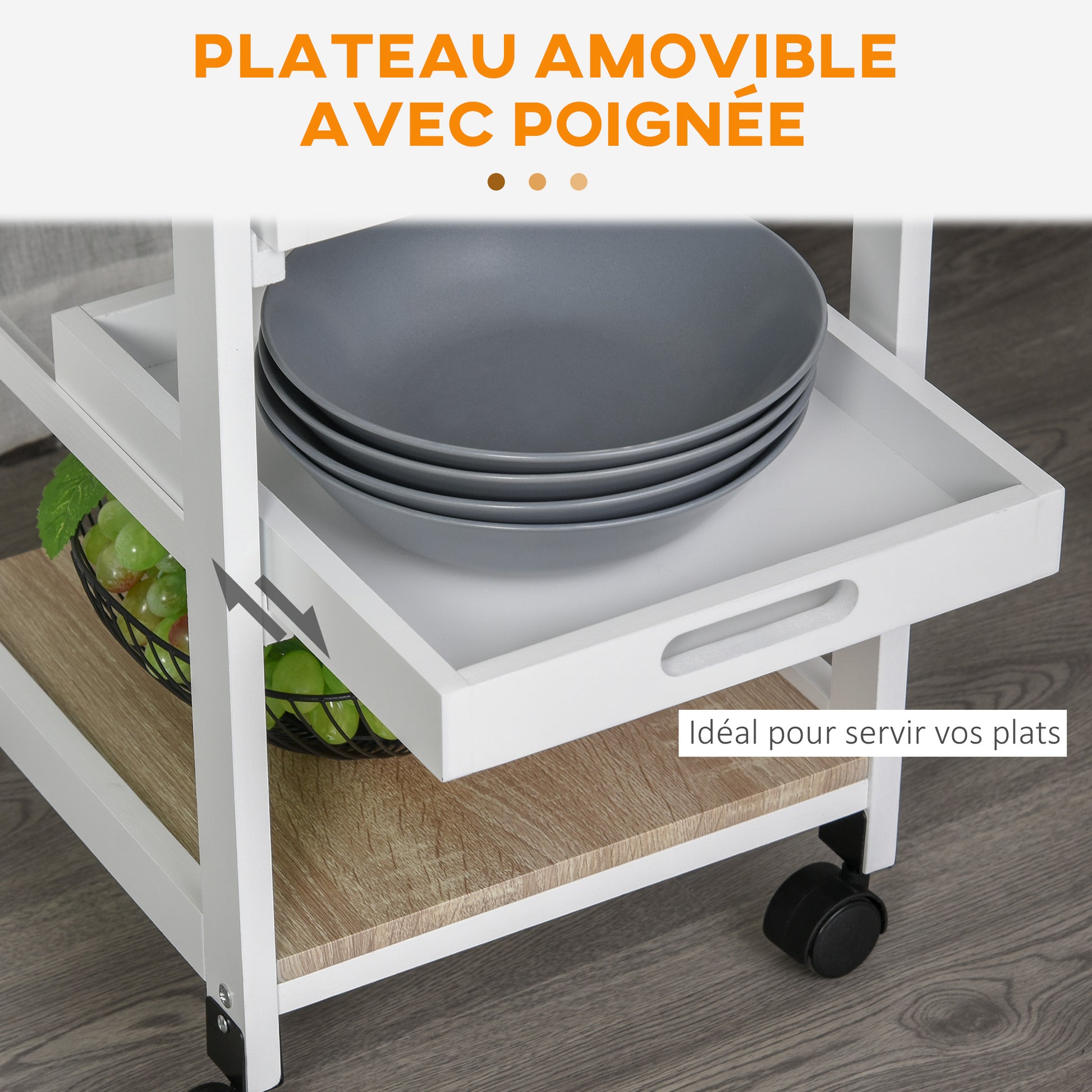 White MDF Light Oak and Pine Wood Kitchen Trolley with Basket + 2 Removable Trays, Drawer, Shelf