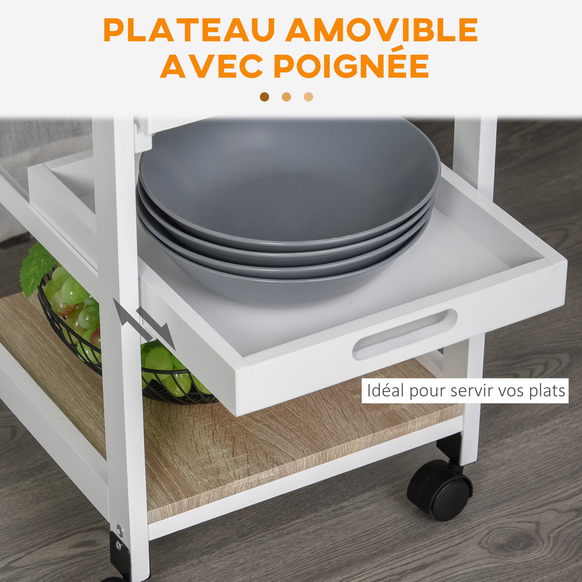 White MDF Light Oak and Pine Wood Kitchen Trolley with Basket + 2 Removable Trays, Drawer, Shelf