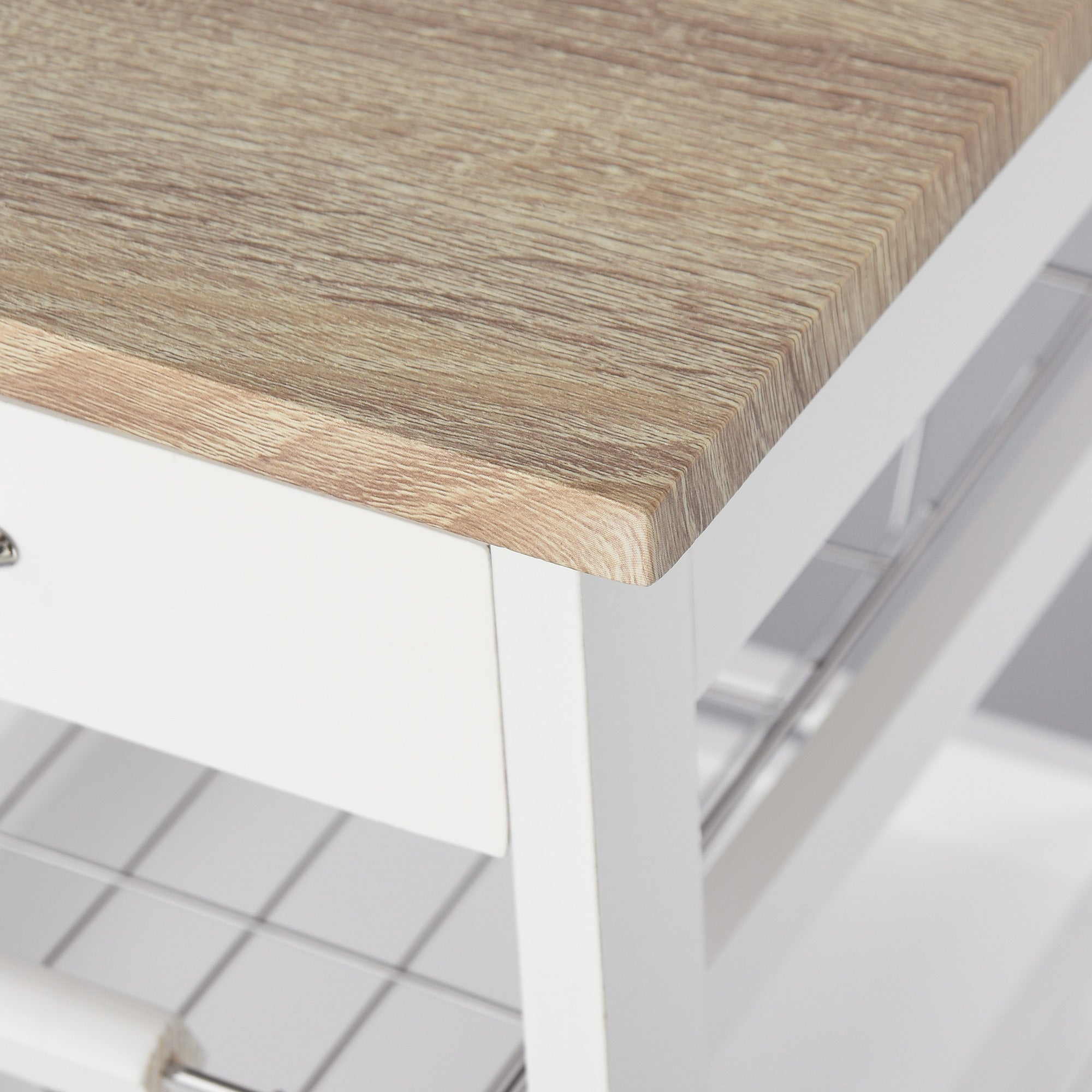White MDF Light Oak and Pine Wood Kitchen Trolley with Basket + 2 Removable Trays, Drawer, Shelf