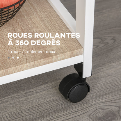 White MDF Light Oak and Pine Wood Kitchen Trolley with Basket + 2 Removable Trays, Drawer, Shelf