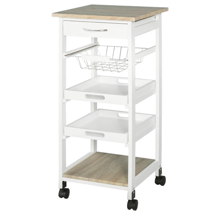 White MDF Light Oak and Pine Wood Kitchen Trolley with Basket + 2 Removable Trays, Drawer, Shelf