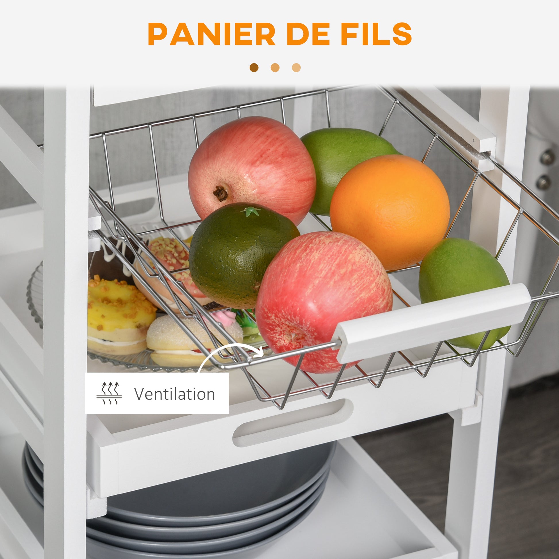White MDF Light Oak and Pine Wood Kitchen Trolley with Basket + 2 Removable Trays, Drawer, Shelf