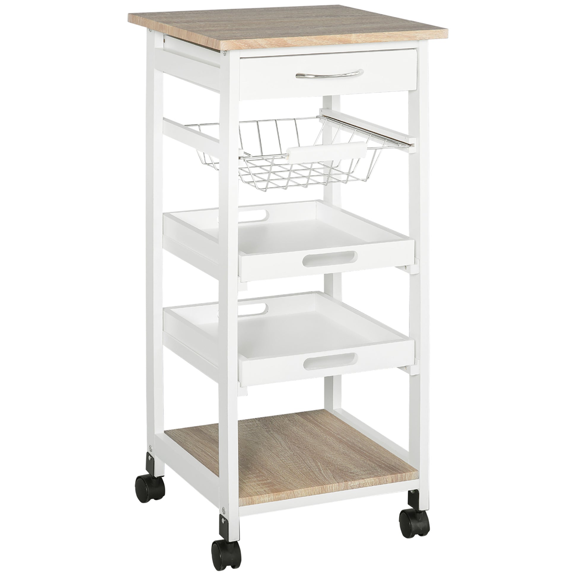 White MDF Light Oak and Pine Wood Kitchen Trolley with Basket + 2 Removable Trays, Drawer, Shelf