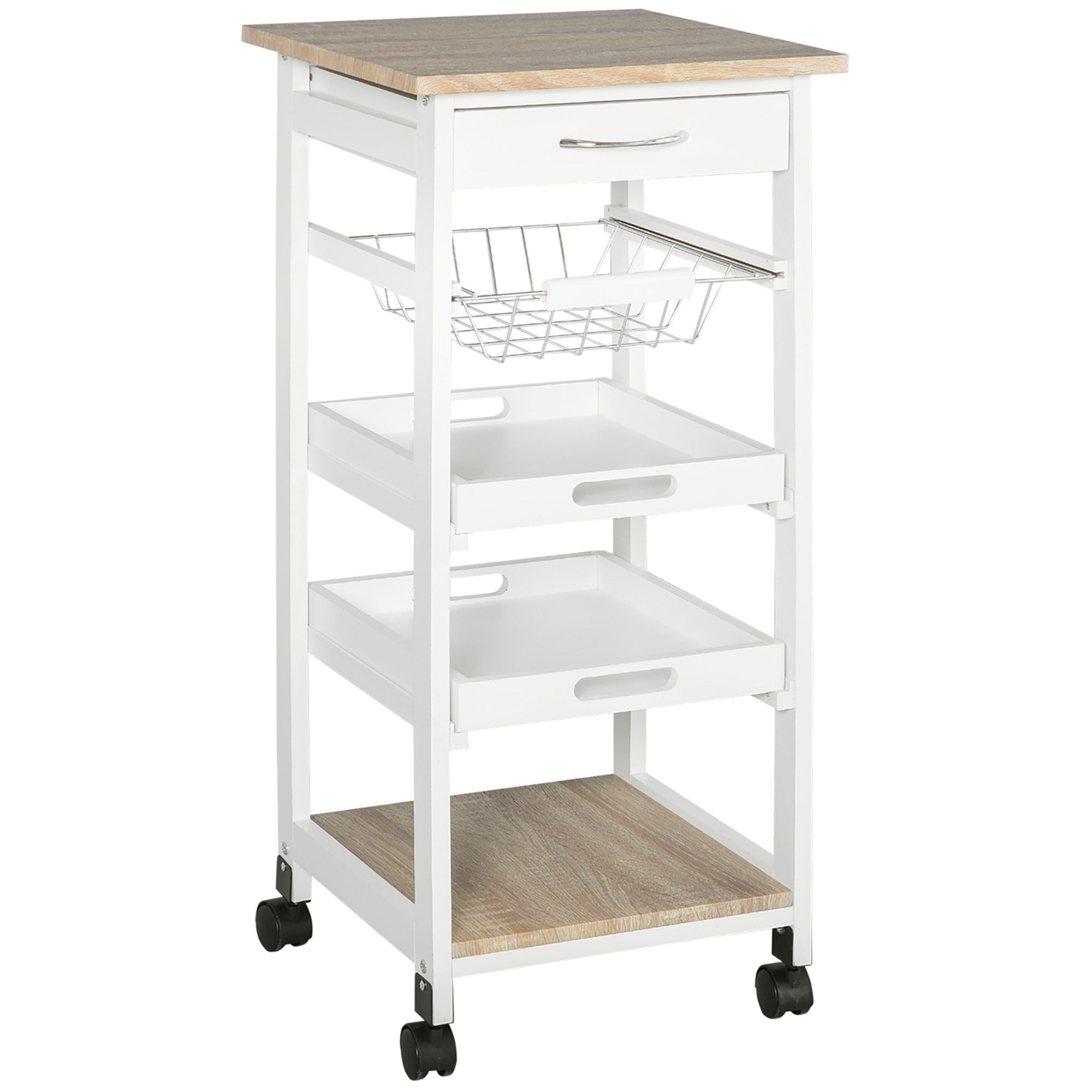 White MDF Light Oak and Pine Wood Kitchen Trolley with Basket + 2 Removable Trays, Drawer, Shelf