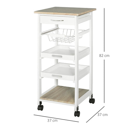 White MDF Light Oak and Pine Wood Kitchen Trolley with Basket + 2 Removable Trays, Drawer, Shelf