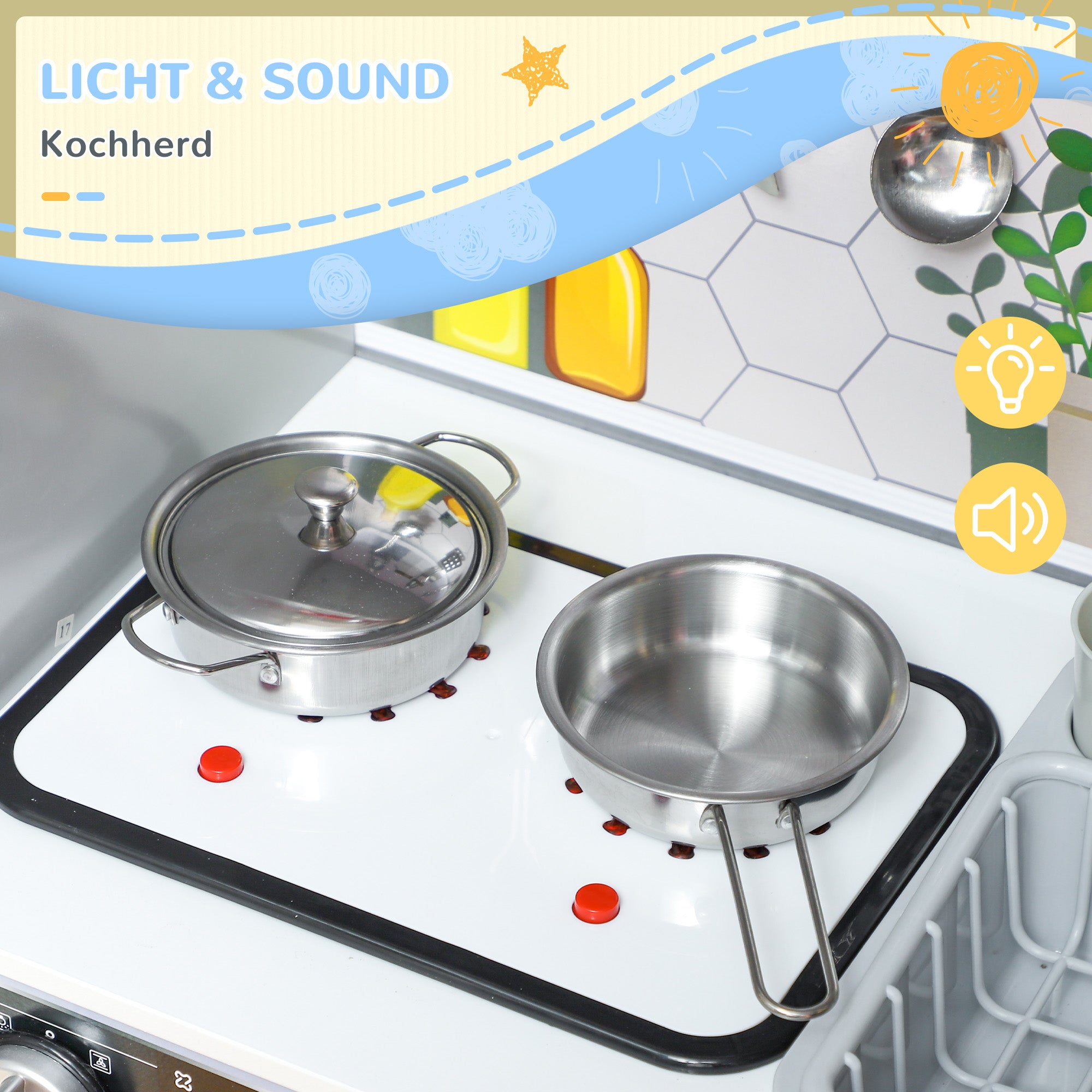 Children's Kitchen Play Kitchen with Lights and Sounds Stove, Flowing Water, Coffee Maker, Refrigerator, Microwave, Ice Maker, Kitchen Accessories for Children 3-8 Years, White