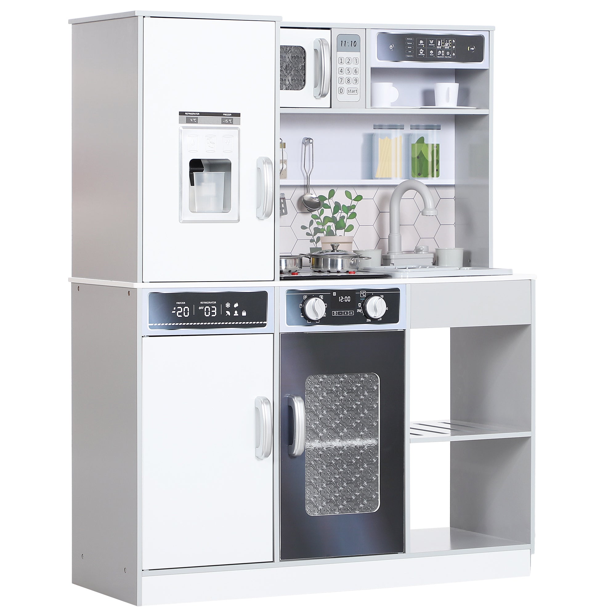 Children's Kitchen Play Kitchen with Lights and Sounds Stove, Flowing Water, Coffee Maker, Refrigerator, Microwave, Ice Maker, Kitchen Accessories for Children 3-8 Years, White