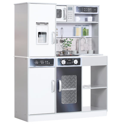 Children's Kitchen Play Kitchen with Lights and Sounds Stove, Flowing Water, Coffee Maker, Refrigerator, Microwave, Ice Maker, Kitchen Accessories for Children 3-8 Years, White