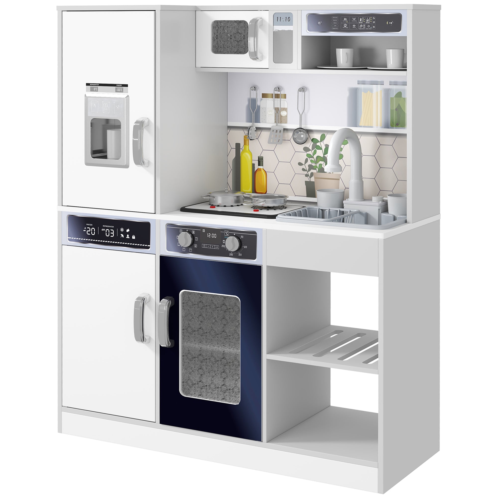 Children's Kitchen Play Kitchen with Lights and Sounds Stove, Flowing Water, Coffee Maker, Refrigerator, Microwave, Ice Maker, Kitchen Accessories for Children 3-8 Years, White