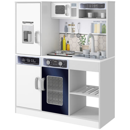 Children's Kitchen Play Kitchen with Lights and Sounds Stove, Flowing Water, Coffee Maker, Refrigerator, Microwave, Ice Maker, Kitchen Accessories for Children 3-8 Years, White