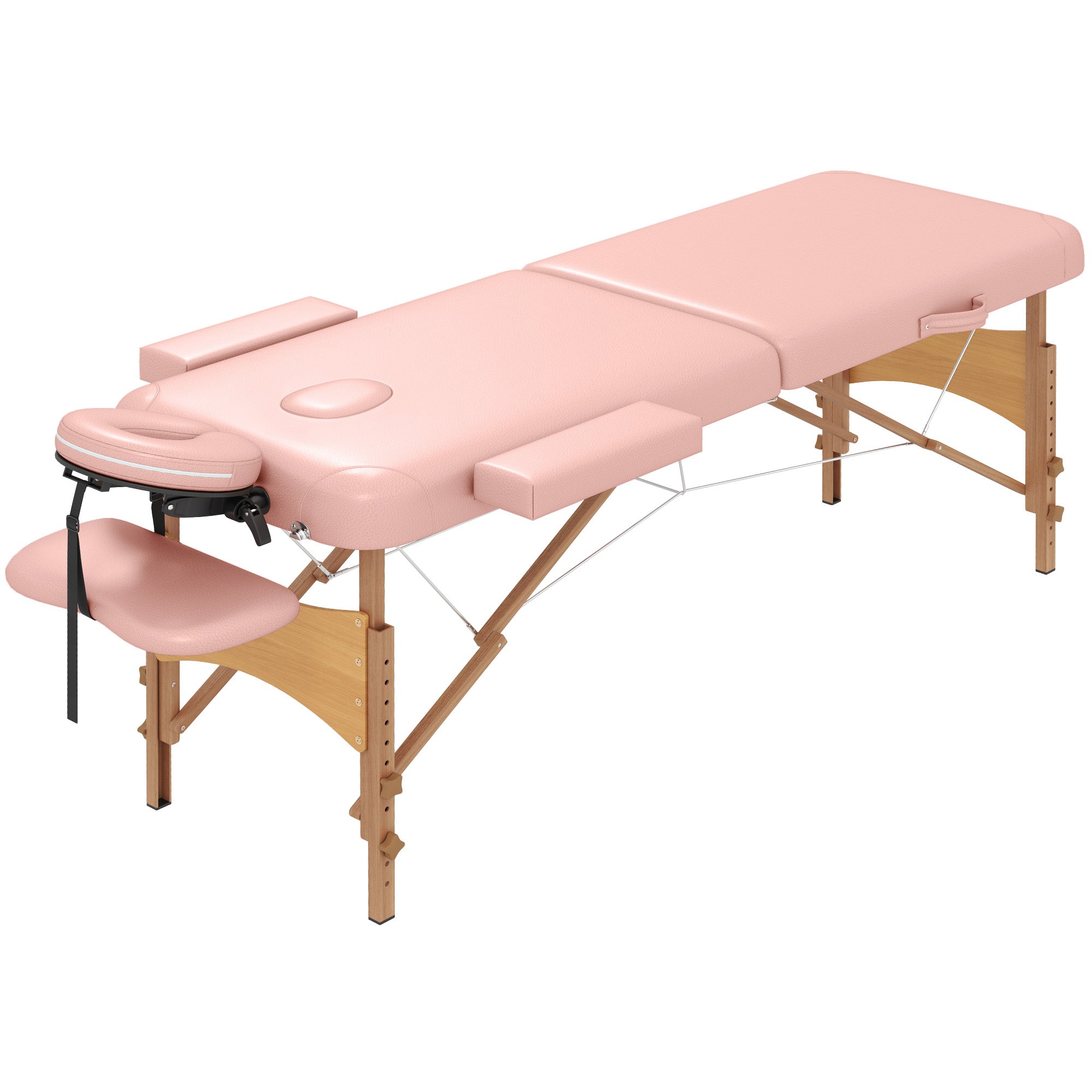 Folding Massage Table 210x81 cm Professional Beauty Bed with Removable Headrest 2 Zones Handle and Wood Frame with Adjustable Height and Pink Carry Bag