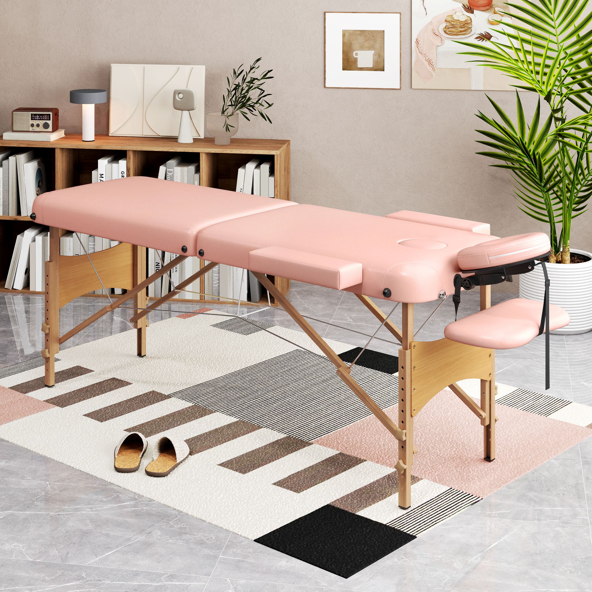 Folding Massage Table 210x81 cm Professional Beauty Bed with Removable Headrest 2 Zones Handle and Wood Frame with Adjustable Height and Pink Carry Bag