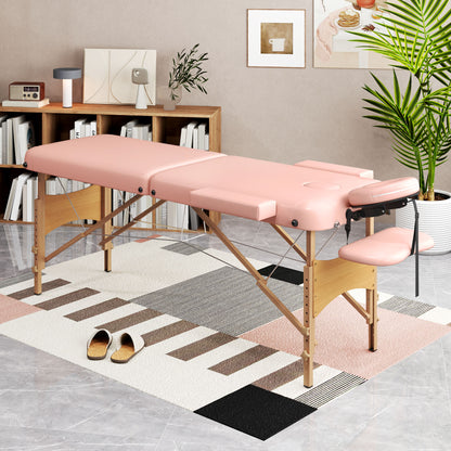 Folding Massage Table 210x81 cm Professional Beauty Bed with Removable Headrest 2 Zones Handle and Wood Frame with Adjustable Height and Pink Carry Bag