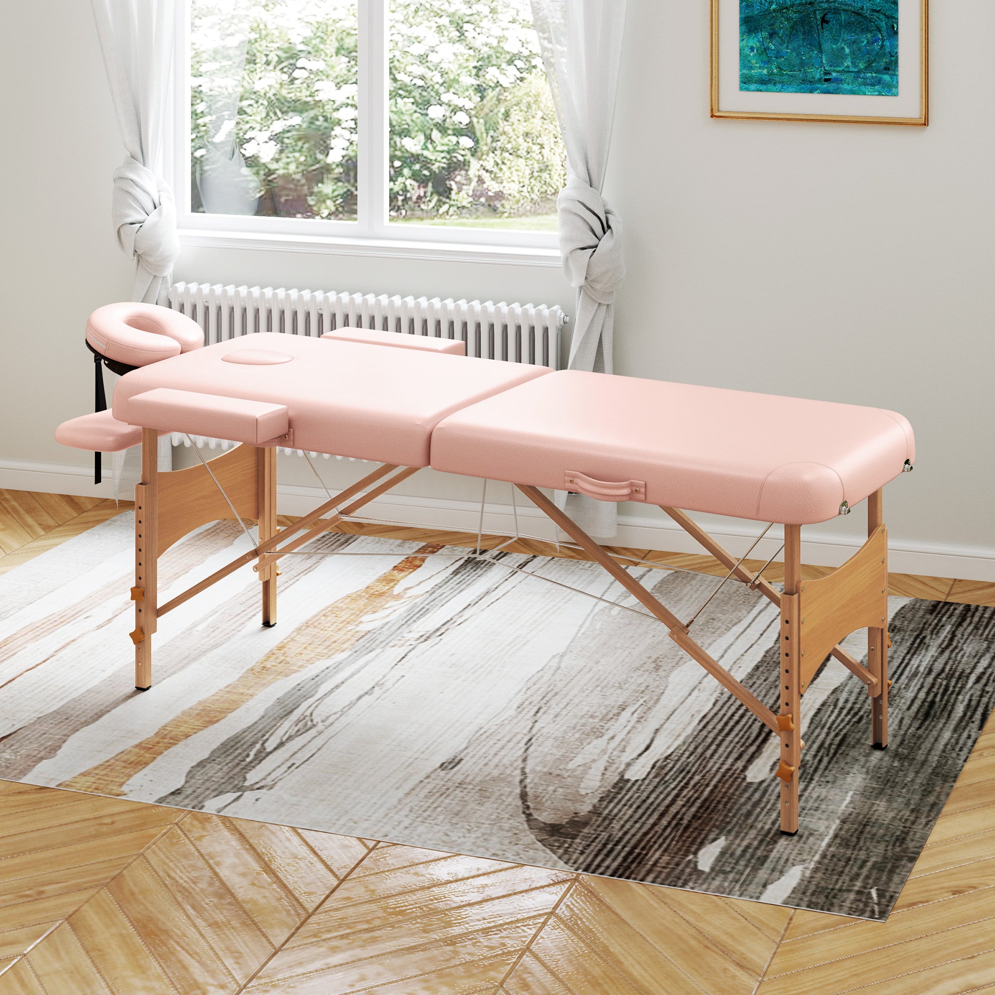 Folding Massage Table 210x81 cm Professional Beauty Bed with Removable Headrest 2 Zones Handle and Wood Frame with Adjustable Height and Pink Carry Bag