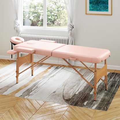 Folding Massage Table 210x81 cm Professional Beauty Bed with Removable Headrest 2 Zones Handle and Wood Frame with Adjustable Height and Pink Carry Bag