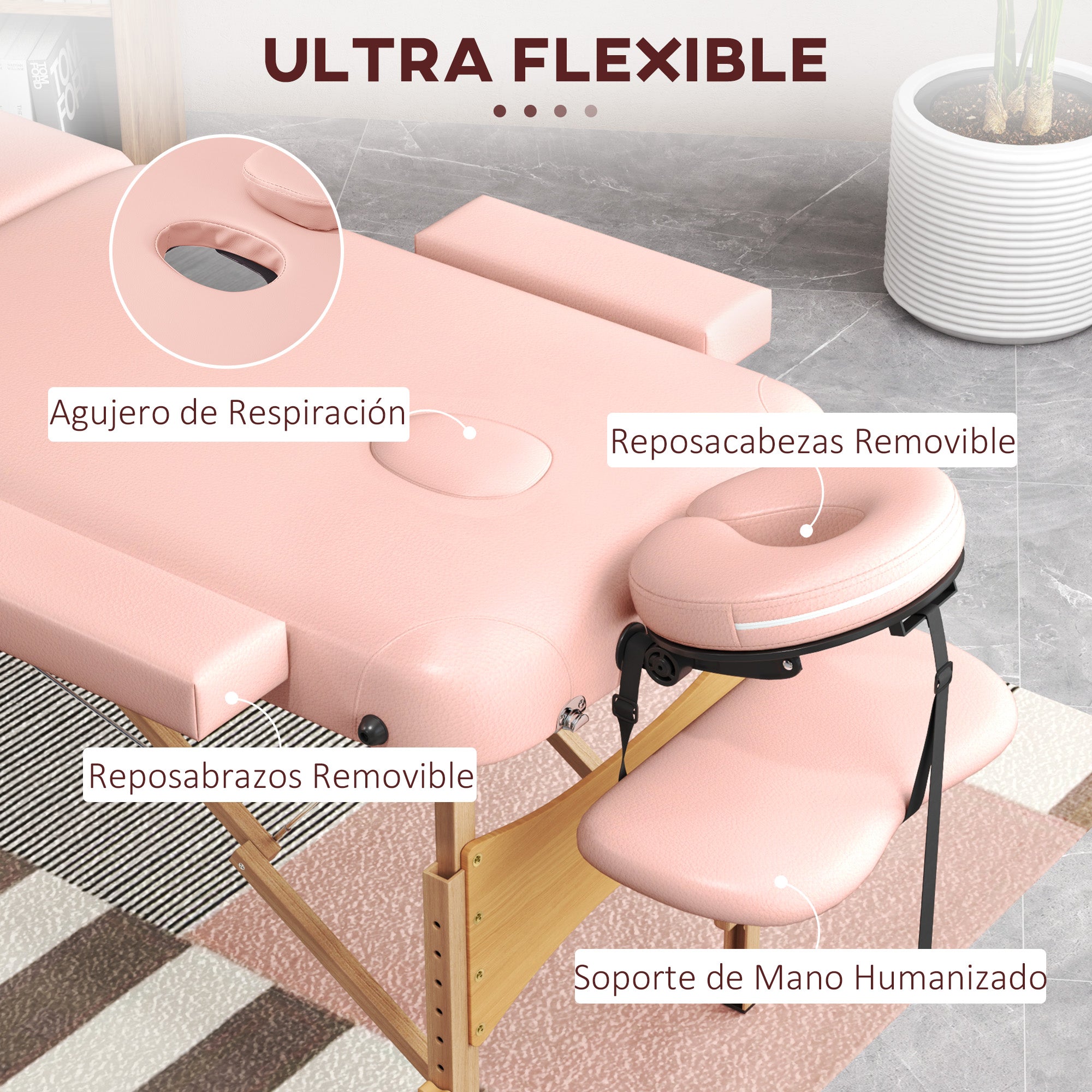 Folding Massage Table 210x81 cm Professional Beauty Bed with Removable Headrest 2 Zones Handle and Wood Frame with Adjustable Height and Pink Carry Bag