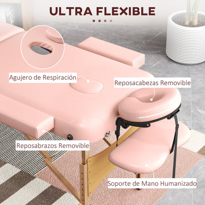Folding Massage Table 210x81 cm Professional Beauty Bed with Removable Headrest 2 Zones Handle and Wood Frame with Adjustable Height and Pink Carry Bag