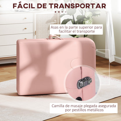 Folding Massage Table 210x81 cm Professional Beauty Bed with Removable Headrest 2 Zones Handle and Wood Frame with Adjustable Height and Pink Carry Bag