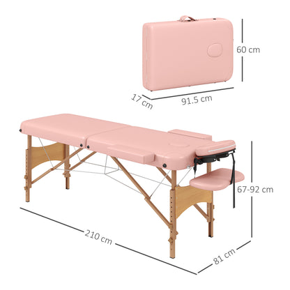 Folding Massage Table 210x81 cm Professional Beauty Bed with Removable Headrest 2 Zones Handle and Wood Frame with Adjustable Height and Pink Carry Bag