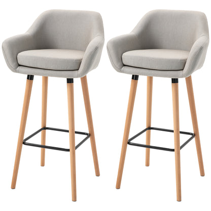 Set of 2 Bar Stools, Bar Chair with Seat Cushion, Wooden Legs, Backrest and Armrests, Kitchen Chairs with Wood Footrest, Counter Stools for Kitchen, Living Room, Dining Room, Linen Look, Beige