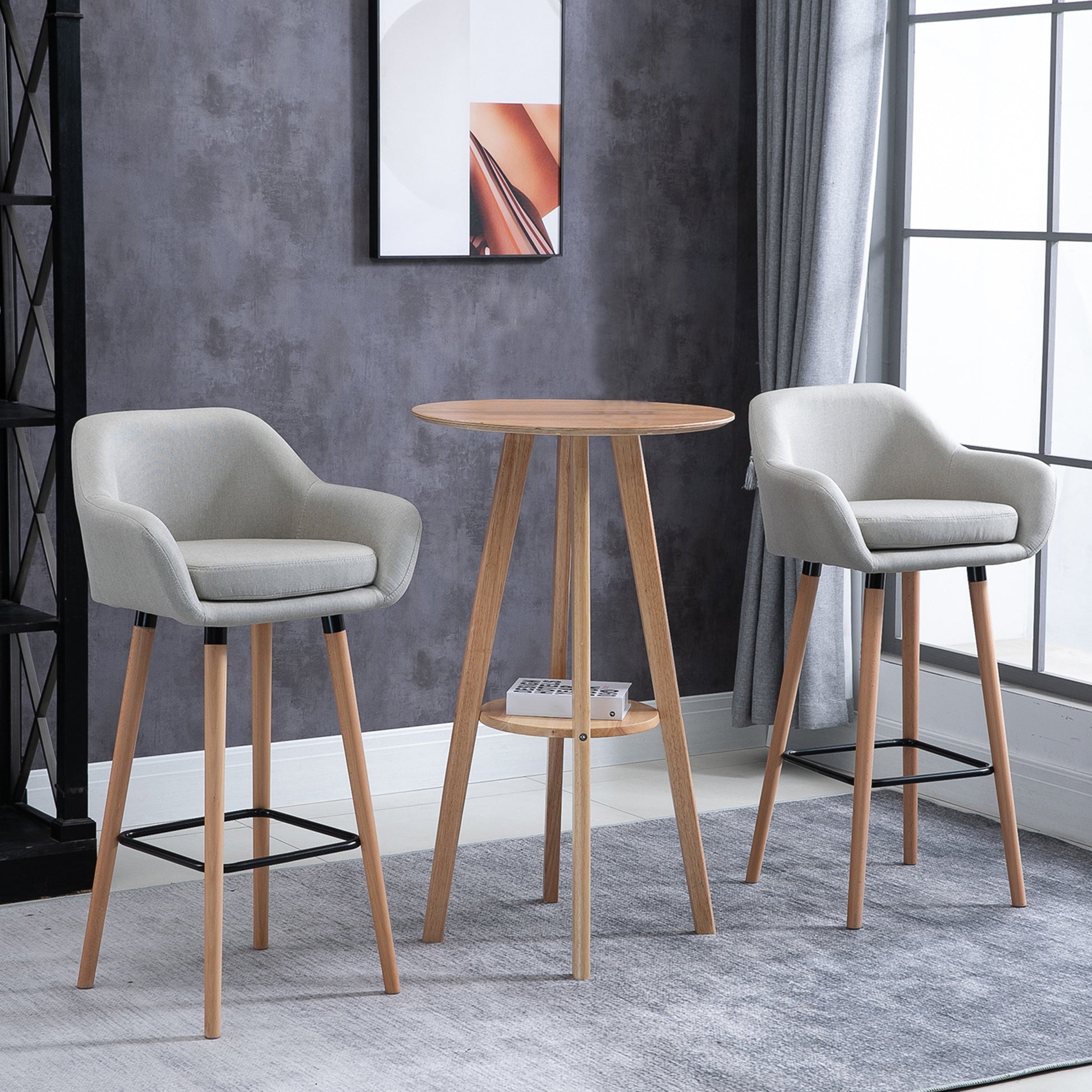 Set of 2 Bar Stools, Bar Chair with Seat Cushion, Wooden Legs, Backrest and Armrests, Kitchen Chairs with Wood Footrest, Counter Stools for Kitchen, Living Room, Dining Room, Linen Look, Beige