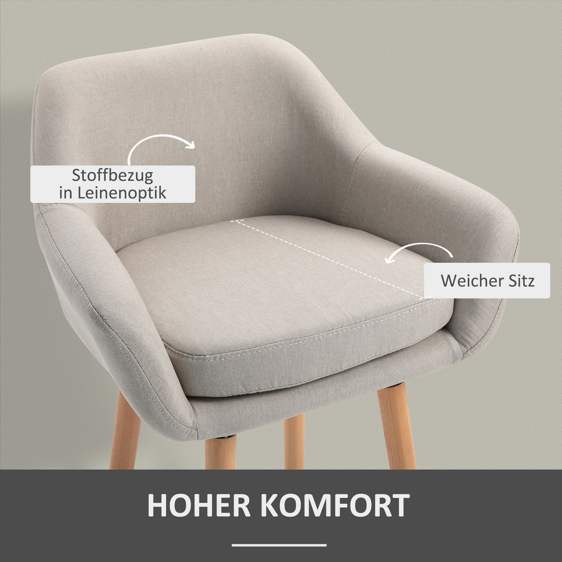 Set of 2 Bar Stools, Bar Chair with Seat Cushion, Wooden Legs, Backrest and Armrests, Kitchen Chairs with Wood Footrest, Counter Stools for Kitchen, Living Room, Dining Room, Linen Look, Beige