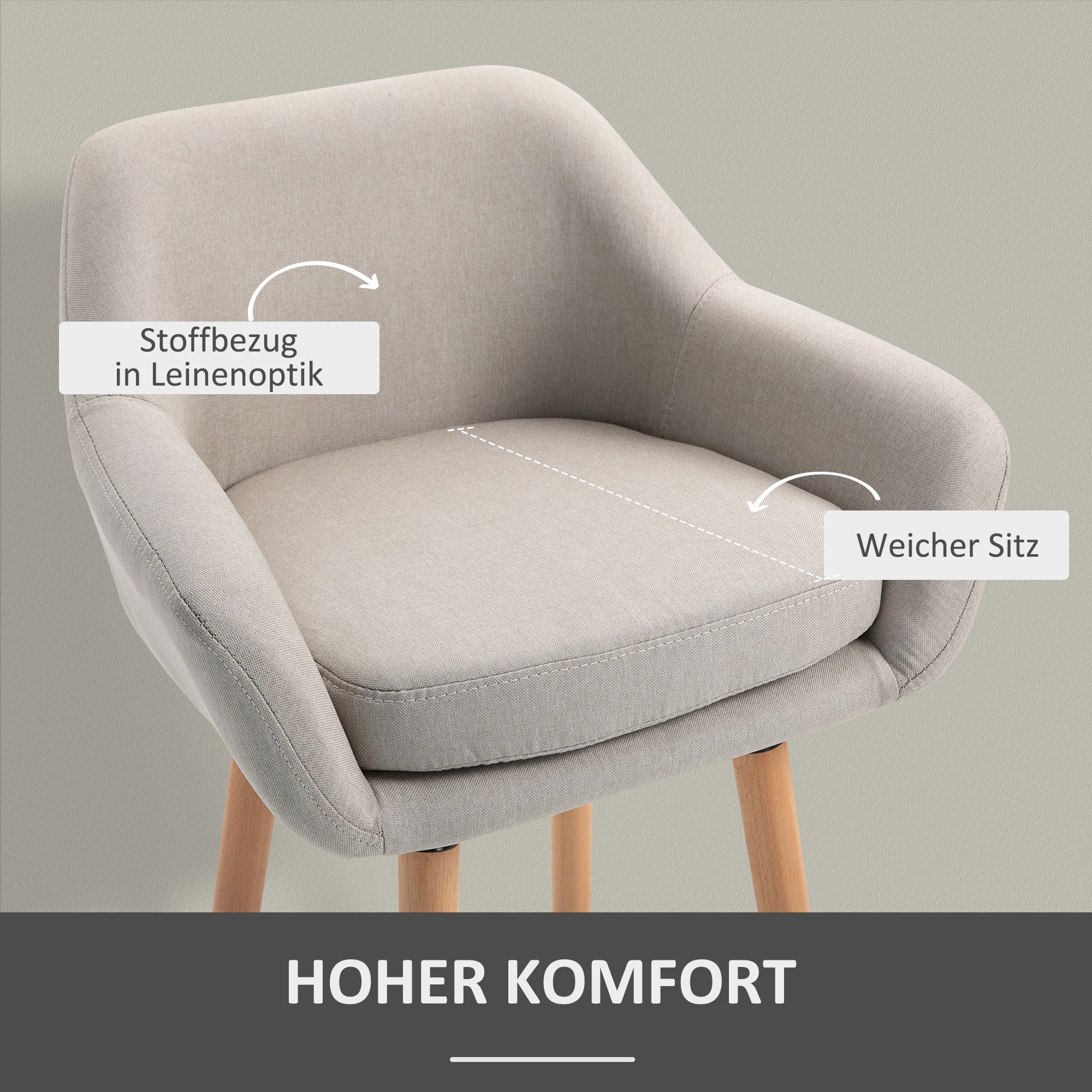 Set of 2 Bar Stools, Bar Chair with Seat Cushion, Wooden Legs, Backrest and Armrests, Kitchen Chairs with Wood Footrest, Counter Stools for Kitchen, Living Room, Dining Room, Linen Look, Beige