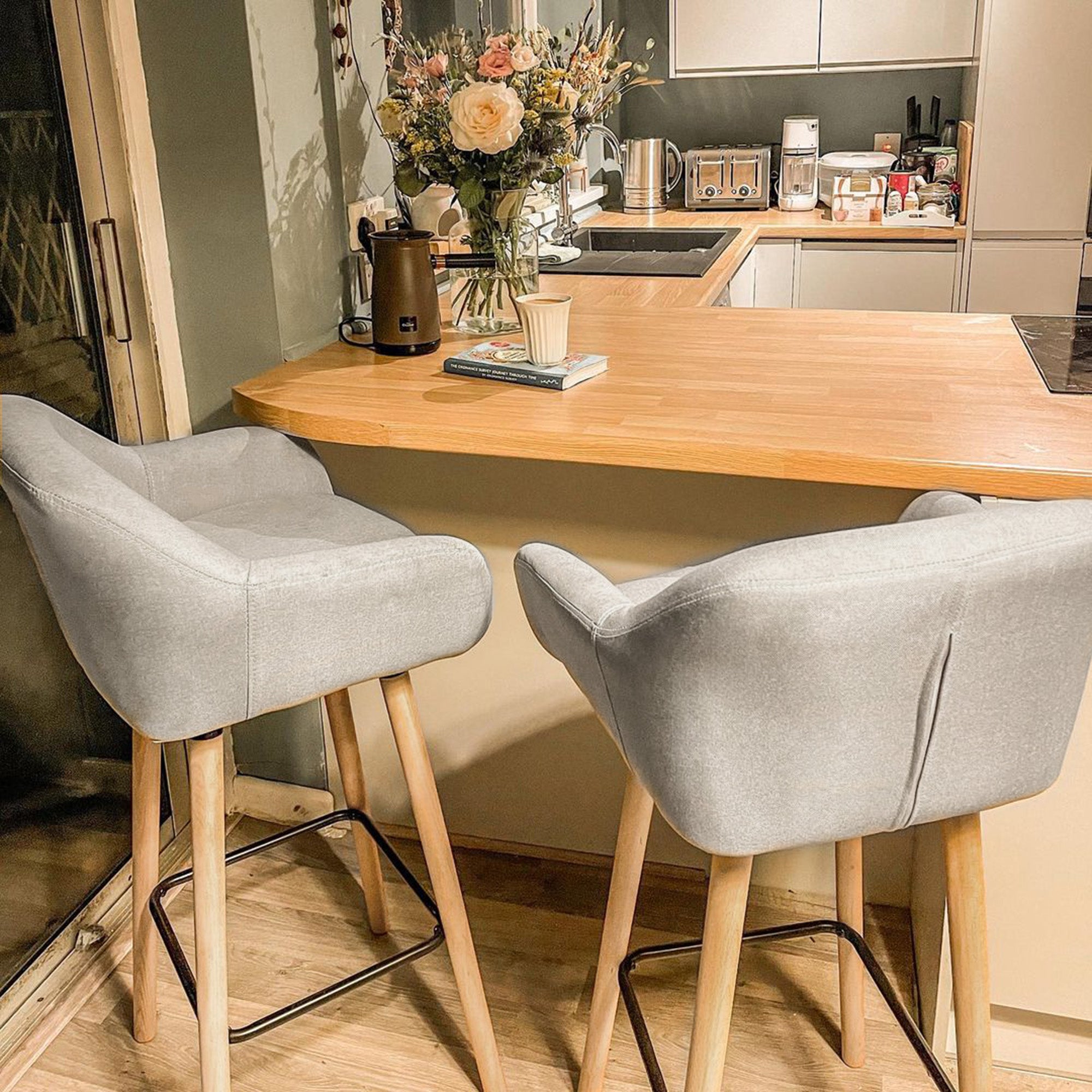 Set of 2 Bar Stools, Bar Chair with Seat Cushion, Wooden Legs, Backrest and Armrests, Kitchen Chairs with Wood Footrest, Counter Stools for Kitchen, Living Room, Dining Room, Linen Look, Beige