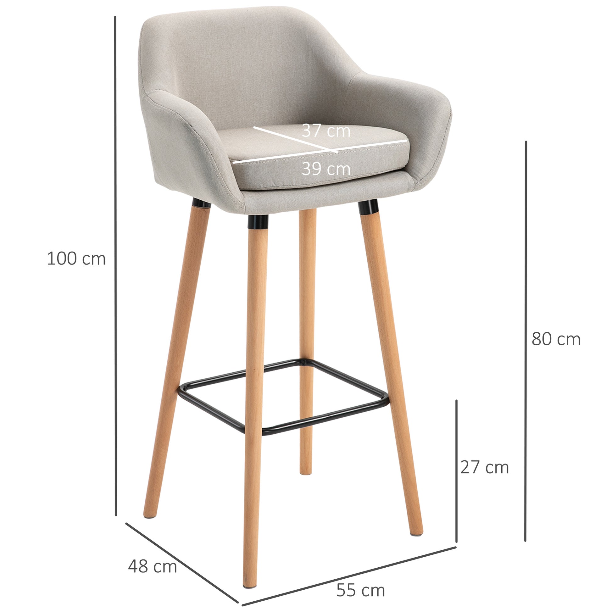 Set of 2 Bar Stools, Bar Chair with Seat Cushion, Wooden Legs, Backrest and Armrests, Kitchen Chairs with Wood Footrest, Counter Stools for Kitchen, Living Room, Dining Room, Linen Look, Beige