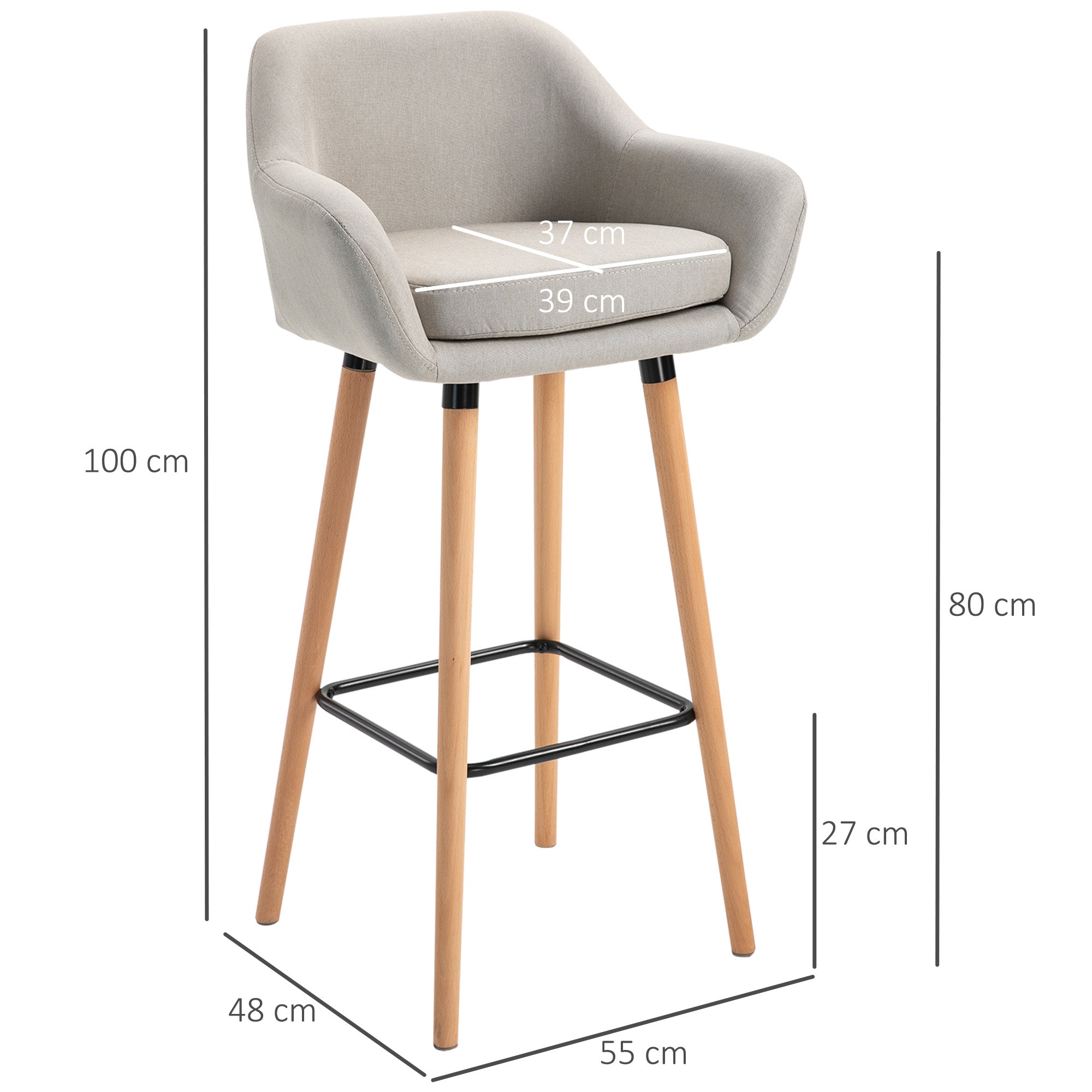 Set of 2 Bar Stools, Bar Chair with Seat Cushion, Wooden Legs, Backrest and Armrests, Kitchen Chairs with Wood Footrest, Counter Stools for Kitchen, Living Room, Dining Room, Linen Look, Beige