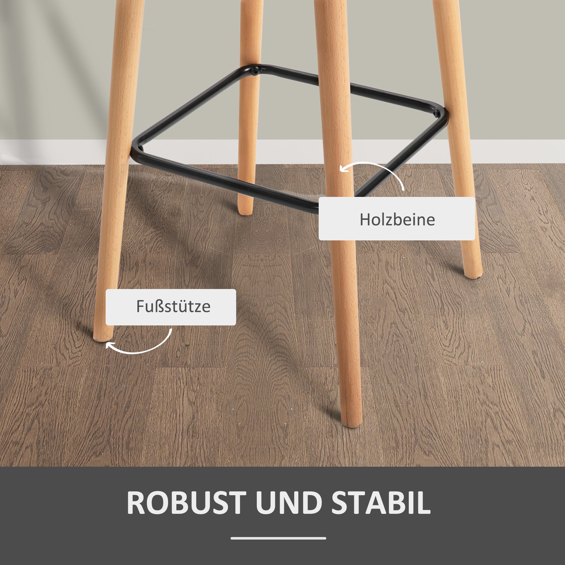 Set of 2 Bar Stools, Bar Chair with Seat Cushion, Wooden Legs, Backrest and Armrests, Kitchen Chairs with Wood Footrest, Counter Stools for Kitchen, Living Room, Dining Room, Linen Look, Beige