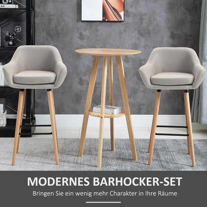 Set of 2 Bar Stools, Bar Chair with Seat Cushion, Wooden Legs, Backrest and Armrests, Kitchen Chairs with Wood Footrest, Counter Stools for Kitchen, Living Room, Dining Room, Linen Look, Beige