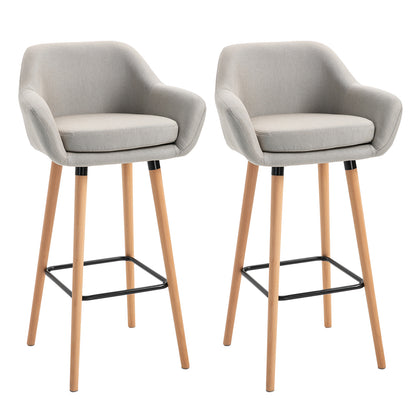 Set of 2 Bar Stools, Bar Chair with Seat Cushion, Wooden Legs, Backrest and Armrests, Kitchen Chairs with Wood Footrest, Counter Stools for Kitchen, Living Room, Dining Room, Linen Look, Beige
