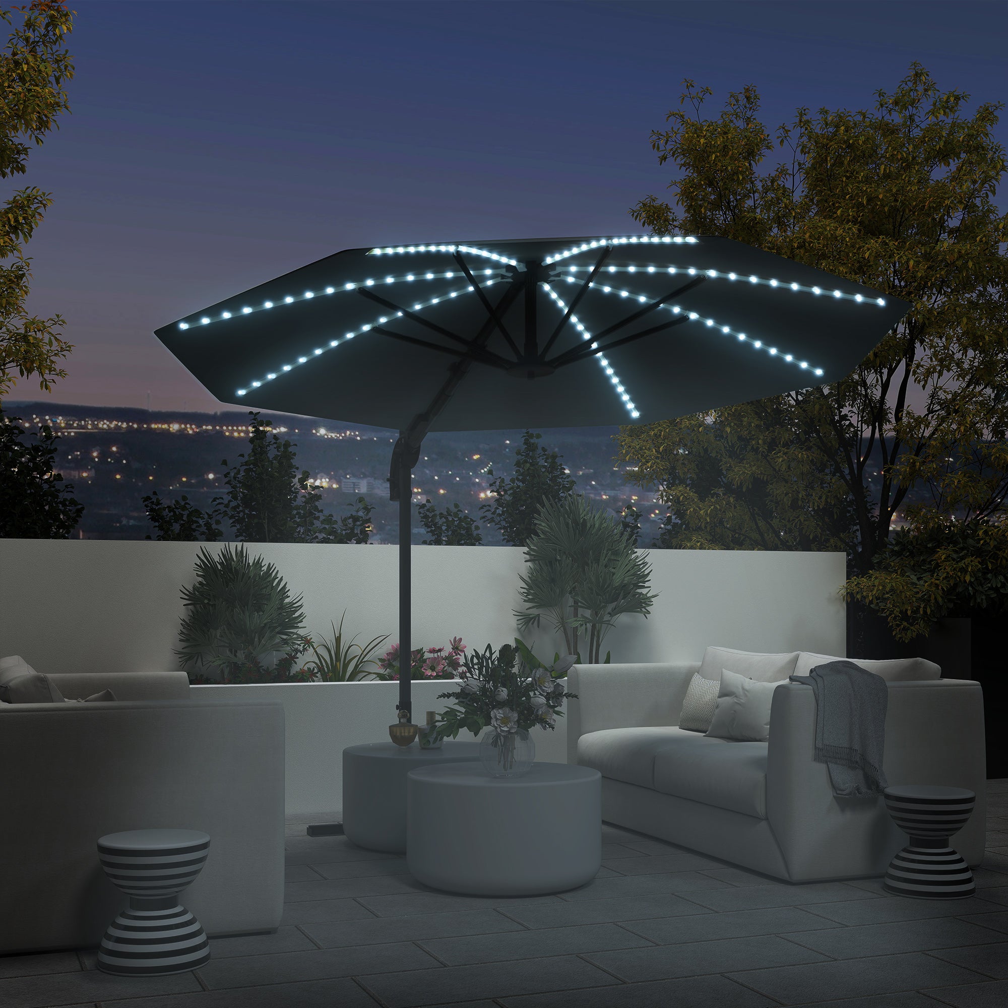 Aluminum Cantilever Umbrella LED Solar Ø300cm Height Adjustable Sun Umbrella with Crank Stand UV50+ Water Resistant 360° Rotatable Market Umbrella Tiltable Parasol Sun Protection for Garden Balcony - Dark Gray