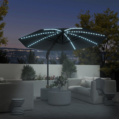 Aluminum Cantilever Umbrella LED Solar Ø300cm Height Adjustable Sun Umbrella with Crank Stand UV50+ Water Resistant 360° Rotatable Market Umbrella Tiltable Parasol Sun Protection for Garden Balcony - Dark Gray